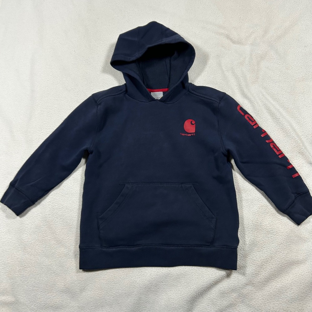 Carhartt Hoodie Kids Size Small 8-10 Navy Blue Red Sleeve Logo Fleece Pullover